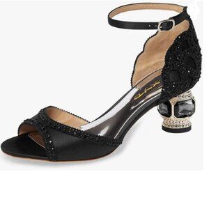XYD Black Bridal Evening Peep Toe Rhinestone Studs Block Low Heeled Sandals